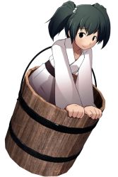 Rule 34 | 1girl, bad id, bad pixiv id, black hair, bucket, female focus, hair bobbles, hair ornament, in bucket, in container, kisume, sakura (medilore), simple background, smile, solo, touhou, twintails, white background