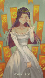 Rule 34 | 1girl, absurdres, bare shoulders, breasts, cleavage, crown, dress, grey eyes, hand up, highres, huge filesize, long hair, long sleeves, original, qiong luo, skirt hold, small breasts, smile, solo, standing, white dress