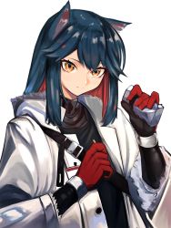Rule 34 | 1girl, animal ears, arknights, bad id, bad pixiv id, black shirt, blue hair, cigarette, cigarette pack, closed mouth, commentary, eyelashes, floatingapple, gloves, highres, jacket, long hair, looking at viewer, multicolored hair, name tag, official alternate costume, orange eyes, red gloves, red hair, shirt, simple background, smile, solo, strap, streaked hair, texas (arknights), texas (winter messenger) (arknights), turtleneck, two-tone hair, upper body, white background, white jacket, wolf ears