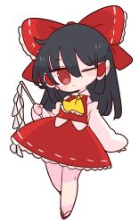 Rule 34 | 1girl, ascot, black hair, bow, brown hair, detached sleeves, frilled bow, frills, gohei, hair bow, hair tubes, hakurei reimu, highres, japanese clothes, long hair, miko, nontraditional miko, op na yarou, red bow, red eyes, red skirt, ribbon-trimmed skirt, ribbon-trimmed sleeves, ribbon trim, sidelocks, simple background, skirt, skirt set, solo, touhou, white background, wide sleeves, yellow ascot, yukkuri shiteitte ne
