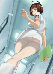 Rule 34 | 10s, 1girl, ahoge, ass, bob cut, boots, breasts, brown hair, ceiling, clipboard, covered erect nipples, crossed legs, dutch angle, from behind, from below, green eyes, harada makoto, highres, kneepits, kyodairobo, large breasts, looking back, looking down, nurse, open mouth, panties, panties under pantyhose, pantyhose, pantyshot, pink panties, solo, standing, uchuu senkan yamato, uchuu senkan yamato 2199, underwear, upskirt, watson cross, white pantyhose