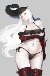 Rule 34 | 10s, 1girl, abyssal ship, aircraft carrier summer princess, bikini, black bikini, black gloves, black hat, breast lift, breasts, collarbone, elbow gloves, gloves, grey background, hat, hayabusa, kantai collection, large breasts, long hair, looking at viewer, lying, navel, on back, pale skin, red eyes, shadow, side-tie bikini bottom, solo, sun hat, swimsuit, thighhighs, underboob, white hair
