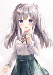 Rule 34 | 1girl, :d, blush, breasts, collared shirt, commentary request, frilled shirt, frills, green skirt, grey background, grey hair, hand up, idolmaster, idolmaster shiny colors, long hair, long sleeves, looking at viewer, open mouth, pleated skirt, purple eyes, shirt, skirt, small breasts, smile, solo, twintails, white shirt, yashin, yukoku kiriko