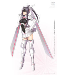 Rule 34 | 10s, 1girl, armor, armored boots, artist name, black hair, black thighhighs, boots, breasts, breasts apart, character name, copyright name, full body, green eyes, hair ornament, hand on own hip, high heel boots, high heels, high ponytail, highres, long hair, looking at viewer, mecha musume, medium breasts, phantom queen ex-xecty, pleated skirt, shining (series), shining blade, shining hearts, simple background, skirt, solo, standing, thigh boots, thighhighs, tony taka, white background, white footwear, white skirt