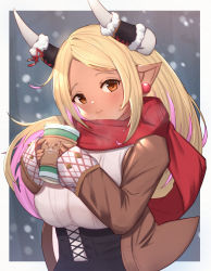Rule 34 | 1girl, black skirt, blonde hair, blush, breasts, breath, brown eyes, brown jacket, closed mouth, coffee cup, commentary request, cup, dark-skinned female, dark skin, disposable cup, draph, earrings, female focus, granblue fantasy, high-waist skirt, highres, holding, holding cup, horn warmers, horns, jacket, jewelry, kumbhira (granblue fantasy), large breasts, long hair, long sleeves, looking at viewer, open clothes, open jacket, parted bangs, pointy ears, red scarf, scarf, skirt, sleeves past wrists, smile, solo, uneg, upper body, very long hair