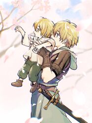 Rule 34 | 2boys, absurdres, aged down, belt, blonde hair, cherry blossoms, falling petals, father and son, fingerless gloves, gensou suikoden, gensou suikoden v, gloves, highres, male focus, multiple boys, natsuo (hatohaco), petals, richard (suikoden), short hair, sword, weapon