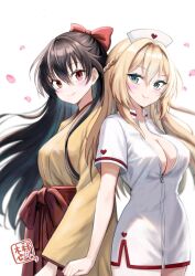 Rule 34 | 2girls, black hair, blonde hair, bow, breasts, commentary request, cropped legs, green eyes, hat, japanese clothes, kimono, kimura pikoriino, large breasts, long hair, multiple girls, nurse, nurse cap, open clothes, original, petals, red bow, red eyes, rivalry, smile, white background