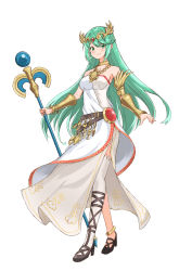 Rule 34 | 1girl, absurdres, ancient greek clothes, aotsuba, armlet, bare shoulders, belt, breasts, chiton, cosplay, dress, female focus, forehead jewel, full body, green eyes, green hair, high heels, highres, holding, holding staff, jewelry, kid icarus, laurel crown, long hair, long legs, looking at viewer, matching hair/eyes, medium breasts, multiple belts, nintendo, palutena, palutena (cosplay), pendant, pneuma (xenoblade), sandals, side slit, single thighhigh, smile, solo, staff, standing, strapless, strapless dress, thighhighs, thighs, tiara, vambraces, white thighhighs, xenoblade chronicles (series), xenoblade chronicles 2