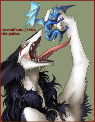 Rule 34 | arms up, blue eyes, blue skin, border, claws, colored skin, dragon, drooling, fangs, furry, green eyes, lips, long tongue, maw, multicolored hair, open mouth, rain silves, red border, saliva, scar, sergal, size difference, tail, teeth, tongue, tongue out, trancy mick, vore, wings