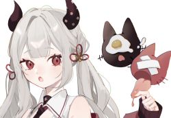 Rule 34 | 1girl, bandages, bare shoulders, blush, brown necktie, chromatic aberration, creature, cropped, diamond-shaped pupils, diamond (shape), egg, eyelashes, fang, floating, fried egg, grey background, grey hair, highres, horns, long hair, mono 02, naraka (nijisanji), necktie, nijisanji, oni, open mouth, patterned, pointy ears, red eyes, saliva, siblings, simple background, sleeves past wrists, symbol-shaped pupils, tongue, tongue out, twins, upper body, virtual youtuber, whiskers