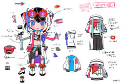Rule 34 | 1girl, arrow (symbol), asymmetrical skirt, asymmetrical sleeves, belt, belt buckle, black bra, black hair, black skirt, blue belt, blue eyes, boots, bra, buckle, buttons, character sheet, charm (object), choker, cone hair bun, dinosaur charm, double bun, ear piercing, earrings, eyelashes, eyeshadow, eyewear on head, full body, grey skirt, hair bun, hood, hood down, hooded jacket, jacket, jewelry, layered skirt, lightning bolt-shaped pupils, lightning bolt choker, lightning bolt print, long skirt, long sleeves, makeup, miniskirt, mismatched sleeves, multicolored hair, nail polish, navel, open clothes, open jacket, original, outstretched arms, piercing, pink bag, pink choker, pink eyeshadow, pocket, puffy long sleeves, puffy sleeves, purple skirt, red-framed eyewear, red hair, red nails, round eyewear, simple background, skirt, sleeves past wrists, solo, stomach, straight-on, streaked hair, sunglasses, suspenders, symbol-shaped pupils, t-pose, terada tera, two-sided fabric, two-sided skirt, two-tone hair, underwear, white background, white footwear, white hair, white jacket, white sleeves