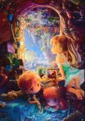 Rule 34 | 1girl, 2boys, absurdres, barefoot, bed, bed sheet, blonde hair, blue eyes, book, buttons, calendar (object), cat, chair, child, clock, colorful, cup, doll, dress, fish, highres, leaf, lying, map, multiple boys, on bed, on stomach, orange hair, original, panties, pantyshot, pen, pencil, petals, photo (object), red eyes, room, scan, sky, star (symbol), teruterubouzu, tree, tsukushi akihito, underwear