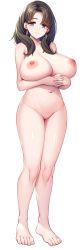 Rule 34 | 1girl, :&gt;, blue eyes, breasts, brown hair, closed mouth, completely nude, feet, female focus, full body, game cg, groin, highres, huge breasts, kowakame nanami, legs, long hair, looking at viewer, mature female, navel, nipples, no pussy, nude, nyonin-jima: yaru dake kanrinin no hame pako ijuu seikatsu, original, simple background, smile, solo, standing, tachi-e, thighs, toes, transparent background, whoosaku