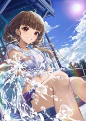 Rule 34 | 1girl, :d, absurdres, black bra, blue ribbon, blue skirt, blue sky, blunt bangs, blush, bra, breasts, brown hair, commentary request, day, dutch angle, feet out of frame, grin, hair ribbon, highres, holding, holding hose, hose, idolmaster, idolmaster cinderella girls, kamiya nao, long hair, low twintails, medium breasts, miniskirt, open mouth, outdoors, rainbow, ribbon, see-through, shino sto, shirt, short sleeves, sitting, skirt, sky, smile, solo, splashing, sun, teeth, thick eyebrows, tied shirt, twintails, underwear, water, wet, wet clothes, wet shirt, white shirt