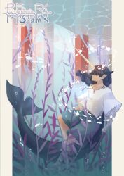 Rule 34 | 1boy, air bubble, ankleband, barefoot, black hair, braid, bubble, caustics, copyright name, day, emisuke 109, fins, fish, fish tail, hair over eyes, head fins, highres, horns, jewelry, keto (pixiv fantasia age of starlight), male focus, necklace, outdoors, pixiv fantasia, pixiv fantasia age of starlight, seaweed, shorts, single horn, solo, tail, underwater