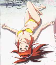 Rule 34 | 00s, 1girl, bandeau, bandeau bikini, barefoot, beach, bikini, breasts, cleavage, day, feet, foreshortening, from above, green eyes, hisayuki hirokazu, legs, long hair, looking at viewer, lying, my-hime, on back, on ground, orange hair, outdoors, outstretched arms, photo background, ponytail, red hair, scan, scrunchie, shadow, signature, smile, solo, spread arms, sugiura midori, swimsuit, yellow bikini