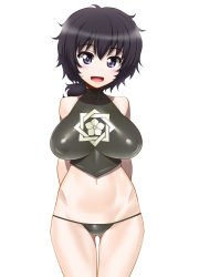 Rule 34 | 10s, 1girl, arms behind back, bare shoulders, black hair, black panties, blue eyes, blush, breasts, crop top, girls und panzer, gluteal fold, highres, large breasts, long hair, looking at viewer, midriff, minazuki juuzou, navel, no eyewear, open mouth, oryou (girls und panzer), panties, ponytail, simple background, smile, solo, standing, underwear, white background