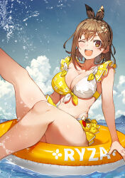 Rule 34 | 1girl, ;d, asymmetrical hair, atelier (series), atelier ryza, bikini, blue sky, bow hairband, braid, breasts, brown eyes, brown hair, character name, cleavage, cloud, collarbone, comiket 103, commentary request, crown braid, earrings, hair ornament, hairband, hairclip, happy, highres, jewelry, large breasts, leg up, looking at viewer, ocean, official art, on innertube, one eye closed, open mouth, reisalin stout, short hair, single sidelock, sky, smile, solo, star (symbol), star earrings, swimsuit, toridamono, two-tone bikini, x hair ornament, yellow innertube