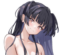 Rule 34 | 1girl, absurdres, black hair, blush, collarbone, completely nude, head tilt, highres, idolmaster, idolmaster shiny colors, looking at viewer, mayuzumi fuyuko, nude, oniku (o29sukizero), out-of-frame censoring, simple background, smile, solo, topless, topless frame, upper body, white background