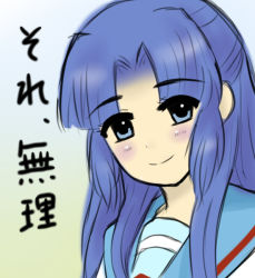 Rule 34 | asakura ryouko, bad id, bad pixiv id, blue eyes, blue hair, blush, long hair, mizuki miyu, school uniform, serafuku, smile, solo, suzumiya haruhi no yuuutsu