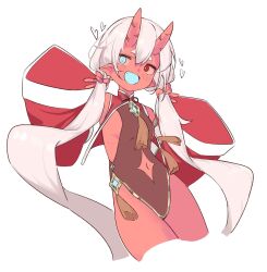 Rule 34 | 1girl, blue eyes, blush, clothing cutout, colored skin, commentary, eichip, fang, heart, heterochromia, highres, holding, holding own hair, horns, long hair, low twintails, navel cutout, neck tassel, oni, oni horns, original, pointy ears, red eyes, red skin, simple background, symbol-only commentary, twintails, very long hair, white background, white hair, wide sleeves