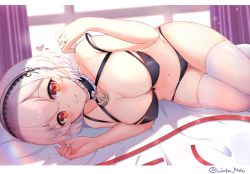 Rule 34 | 1girl, anchor, azur lane, bare hips, bed sheet, bikini, black bikini, blush, breasts, chunyineo, cleavage, closed mouth, collarbone, commentary request, curtains, frills, hairband, heart, highres, indoors, jewelry, large breasts, looking at viewer, lying, navel, neck garter, on bed, on side, red eyes, ring, short hair, silver hair, sirius (azur lane), smile, solo, strap slip, swimsuit, thighhighs, twitter username, two-tone hairband, wedding band, white thighhighs