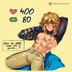 Rule 34 | 1boy, abs, absurdres, akaihimi, arm behind head, blonde hair, bulge, clothes lift, english text, highres, leaning back, like and retweet, link, looking at viewer, male focus, meme, muscular, muscular male, nintendo, nipples, pectorals, pointy ears, shirt lift, the legend of zelda, the legend of zelda: tears of the kingdom, twitter strip game (meme), undressing