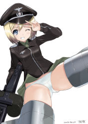 Rule 34 | 1girl, blonde hair, blue eyes, blush, cameltoe, erica hartmann, hat, military uniform, panties, simple background, solo, spread legs, strike witches, underwear, white background, white panties, wink, world witches series