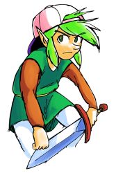 Rule 34 | 1boy, backwards hat, baseball cap, brown shirt, closed mouth, commentary, cosplay, cowboy shot, english commentary, frown, green eyes, green hair, green shorts, green tunic, hat, highres, holding, holding sword, holding weapon, hunched over, link, link (cosplay), long sleeves, male focus, nintendo, pantyhose, player (satellaview), pointy ears, satellaview, shirt, shorts, simple background, solo, sword, the legend of zelda, toonyrab, tunic, weapon, white background, white hat, white pantyhose