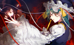 Rule 34 | 1girl, blouse, flower, green hair, half-closed eyes, hat, hat ribbon, juliet sleeves, long sleeves, petals, profile, puffy sleeves, red eyes, ribbon, shiki eiki, shirt, solo, spider lily, tian (my dear), touhou, upper body, vest, white shirt, wide sleeves