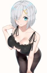 Rule 34 | 10s, 1girl, bad id, bad twitter id, black bra, black pantyhose, blue eyes, bra, breasts, cat cutout, cleavage, clothing cutout, crotch seam, eyes visible through hair, hair ornament, hair over one eye, hairclip, hamakaze (kancolle), highres, kantai collection, large breasts, leaning forward, looking at viewer, meme attire, pantyhose, parted lips, short hair, silver hair, simple background, solo, suzuharu toufu, thighband pantyhose, underwear, underwear only