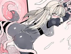 Rule 34 | 1girl, anal, anus, arms up, ass, blush, bodysuit, braid, breasts, breath, cameltoe, covered navel, covered erect nipples, french braid, hairband, large breasts, lilia (null), limited palette, long hair, looking back, looking down, monochrome, null (nyanpyoun), original, pointy ears, restrained, simple background, slime (substance), solo, spread anus, spread pussy under clothes, sweat, tentacles, white background