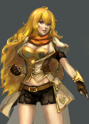 Rule 34 | 1girl, absurdres, ahoge, belt, black gloves, black shorts, blonde hair, breasts, brown jacket, buckle, cleavage, clenched hand, commentary request, fa lan jun, facing viewer, fingerless gloves, gloves, hair between eyes, highres, jacket, long hair, looking at viewer, medium breasts, midriff, orange scarf, parted lips, pink eyes, rwby, scarf, shirt, shorts, smile, solo, standing, strapless, thighs, tube top, waist cape, wavy hair, yang xiao long, yellow shirt