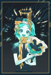Rule 34 | 1other, :d, androgynous, aqua eyes, aqua flower, aqua hair, aqua nails, bare arms, belt, black necktie, border, bouquet, bow, character name, colored eyelashes, commentary, dripping, flower, gem uniform (houseki no kuni), hair bow, hairband, halo, happy, head tilt, highres, holding, houseki no kuni, looking at viewer, minjye, nail polish, neck ruff, necktie, open mouth, other focus, parted bangs, phosphophyllite, puffy short sleeves, puffy sleeves, ribbon, short hair, short sleeves, simple background, smile, solo, sparkle, stuffed animal, stuffed toy, tassel, teddy bear, upper body, yellow bow, yellow ribbon