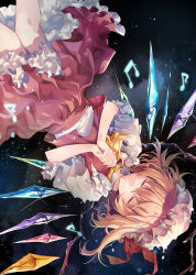 Rule 34 | 1girl, album cover, ascot, black background, blonde hair, closed eyes, closed mouth, cover, crystal, facing viewer, feet out of frame, flandre scarlet, frilled shirt collar, frills, hat, hat ribbon, hirai yuzuki, interlocked fingers, mob cap, musical note, own hands clasped, own hands together, petticoat, puffy short sleeves, puffy sleeves, red ribbon, red skirt, red vest, ribbon, shirt, short hair, short sleeves, skirt, skirt set, smile, solo, sparkle, touhou, upside-down, vest, white shirt, wings, yellow ascot