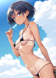1girl absurdres bikini black_bikini black_hair blue_eyes blue_sky breasts closed_mouth cloud commentary_request day dosu_(doseven) food highres holding holding_food holding_popsicle looking_at_viewer medium_breasts navel original outdoors popsicle ribs short_hair sky smile solo swimsuit tan tanline variant_set