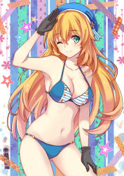 Rule 34 | 10s, 1girl, aqua eyes, atago (kancolle), bikini, black gloves, blonde hair, blue bikini, breasts, cleavage, gloves, hand on thigh, hat, kantai collection, long hair, navel, one eye closed, personification, salute, smile, solo, strap gap, swimsuit, wings, wink, zonana