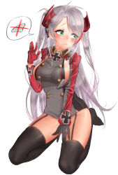 Rule 34 | 1girl, absurdres, alternate eye color, antenna hair, azur lane, black gloves, black thighhighs, blush, bow, bow panties, breasts, buttons, covering crotch, covering privates, cross, eun bari, eyebrows, eyelashes, facing away, full body, gloves, green eyes, groin, hair intakes, headgear, highres, iron cross, lips, long hair, long sleeves, looking away, looking to the side, medium breasts, military, military uniform, multicolored clothes, multicolored gloves, no bra, no panties, panties, pink lips, prinz eugen (azur lane), red gloves, silver hair, simple background, sitting, solo, speech bubble, spoken object, spread legs, striped clothes, striped panties, sweat, swept bangs, taut clothes, thighhighs, two side up, underwear, uniform, very long hair, wariza, wavy mouth, white background, zettai ryouiki