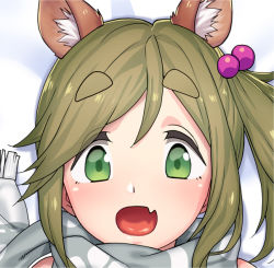 Rule 34 | 10s, 1girl, :d, animal ears, brown hair, eyebrows, eyes visible through hair, fang, green eyes, grey scarf, hair bobbles, hair ornament, inuyama aoi, long hair, looking at viewer, open mouth, portrait, scarf, side ponytail, skin fang, smile, solo, tenchisouha, thick eyebrows, yurucamp
