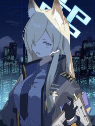 Rule 34 | 1girl, animal ear fluff, animal ears, black gloves, black jacket, blonde hair, blue archive, blue eyes, blue necktie, blue shirt, breasts, building, clenched teeth, clipboard, collared shirt, dog ears, extra ears, gloves, hair over one eye, halo, high collar, highres, holding, holding clipboard, jacket, kairu (pixiv44336160), kanna (blue archive), long hair, long sleeves, looking at viewer, medium breasts, necktie, notched ear, open clothes, open jacket, police badge, sharp teeth, shirt, skyscraper, solo, teeth, upper body