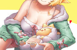 Rule 34 | 1girl, blonde hair, breasts, cleavage, closed mouth, fur-trimmed jacket, fur trim, gooster, green jacket, head out of frame, highres, hololive, jacket, large breasts, long sleeves, off shoulder, open clothes, open jacket, petting, red shorts, shirt, short shorts, shorts, simple background, smile, solo, tsunomaki watame, tsunomaki watame (loungewear), virtual youtuber, watamate, white shirt