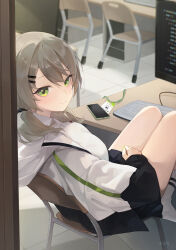 Rule 34 | 1girl, black skirt, breasts, brown hair, cellphone, chair, chat log, desk, green eyes, grey jacket, hair ornament, hairclip, highres, jacket, keyboard (computer), legs up, long sleeves, looking at viewer, looking to the side, low twintails, medium breasts, miniskirt, monitor, open clothes, open jacket, phone, pleated skirt, s0104y, school chair, school desk, shirt, sitting, skirt, smartphone, smile, socks, solo, thighs, twintails, viichan, virtual youtuber, waktaverse, white shirt, white socks