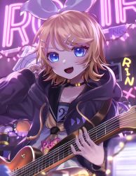 Rule 34 | 1girl, alternate costume, blonde hair, blue eyes, blush, bow, character name, choker, collarbone, commentary, doll, electric guitar, fang, food, fruit, guitar, hair bow, hair ornament, hairclip, highres, hood, hoodie, instrument, kagamine rin, looking at viewer, nail polish, neckerchief, neon lights, open clothes, open hoodie, open mouth, orange (fruit), roki (vocaloid), sailor collar, short hair, smile, song name, soramame pikuto, string lights, upper body, vocaloid, yellow nails, yellow neckerchief
