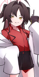 Rule 34 | 1girl, ahoge, black hair, black horns, black shorts, blue archive, blush, buttons, closed mouth, coat, collared shirt, cowboy shot, demon horns, halo, highres, holding, horns, kasumi (blue archive), lab coat, long hair, red halo, red shirt, shirt, shirt tucked in, shorts, simple background, sleeves past fingers, sleeves past wrists, solo, walkie-talkie, white background, white coat, yellow eyes, yun (kbdenz9)