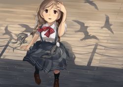 Rule 34 | 1girl, anchor, bird, black socks, blush, bow, bowtie, braid, breasts, brown eyes, hair ornament, kantai collection, kneehighs, light brown hair, loafers, long hair, makio (makiomeigenbot), minegumo (kancolle), open mouth, outdoors, pleated skirt, red bow, red bowtie, school uniform, shirt, shoes, skirt, socks, solo, standing, suspenders, twin braids, white shirt, wind