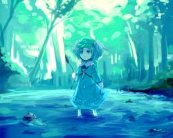 Rule 34 | 1girl, blue eyes, female focus, forest, hat, nature, outdoors, partially submerged, plant, solo, standing, touhou, tree, water