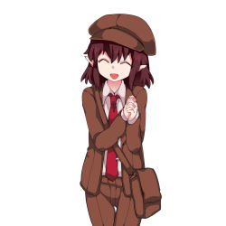 Rule 34 | 1girl, :d, ^ ^, bad id, bad pixiv id, bag, blazer, brown hair, brown hat, brown jacket, brown shorts, cabbie hat, closed eyes, collared shirt, facing viewer, flat chest, forbidden scrollery, hammer (sunset beach), hat, highres, jacket, necktie, no wings, open mouth, own hands clasped, own hands together, pointy ears, shameimaru aya, shameimaru aya (newsboy), shirt, short hair, shorts, shoulder bag, smile, solo, tie clip, touhou