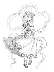 Rule 34 | 1girl, 80isiiii, absurdres, capelet, closed mouth, commentary request, frilled capelet, frills, full body, greyscale, hagoromo, hair between eyes, hat, hat ribbon, highres, long sleeves, monochrome, nagae iku, ribbon, shawl, shirt, shoes, short hair, simple background, skirt, socks, solo, touhou, white background
