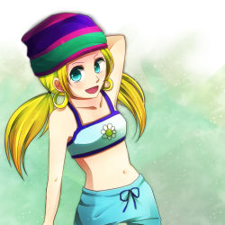 Rule 34 | 1girl, :d, aqua eyes, beanie, blonde hair, blue eyes, clothes, crop top, donkey kong (series), donkey kong 64, earrings, floral print, hat, hoop earrings, jewelry, long hair, midriff, mirark, navel, nintendo, open mouth, personification, short twintails, smile, solo, tiny kong, twintails