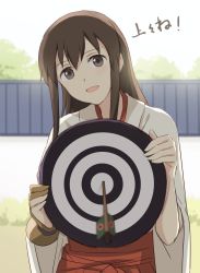 Rule 34 | 10s, 1girl, akagi (kancolle), archery, archery dojo, arrow (projectile), bad id, bad pixiv id, blush, brown eyes, brown hair, gloves, highres, japanese clothes, kantai collection, kisetsu, long hair, muneate, open mouth, partially fingerless gloves, partly fingerless gloves, smile, solo, target, translation request, yugake